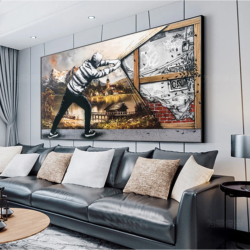 

Vintage Graffiti Art Poster Kids Behind the Curtain Print Canvas Painitngs Street Landscape Picture For Living Room Home Decor