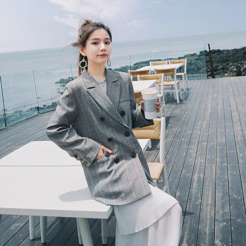 

Plaid Suit Jacket Women's Korean-style Bf2019 Spring And Autumn New Style Retro Hong Ventilation Network Red Tops British Style