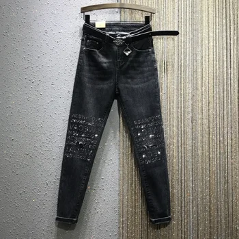 

European Style Jeans Women 2020 Spring New High Waist Stretch Slim-Fit Knee Hot Drilling Denim Pencil Pants Spodnie Damskie Jean