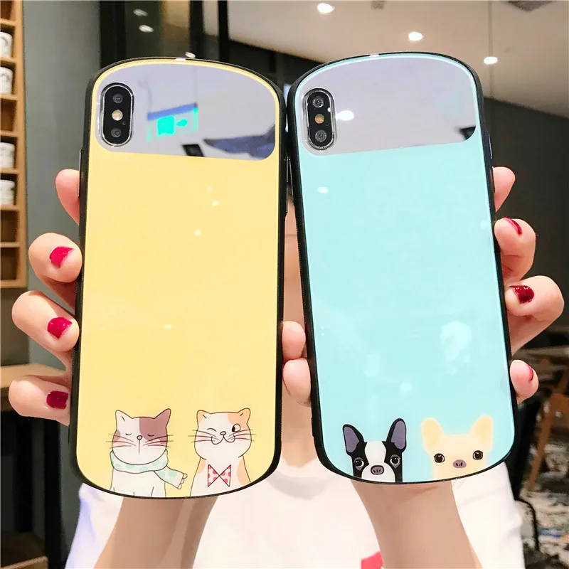 

Cartoon pet dog cat phone case For iPhone 11 11pro X XR XS MAX 8 7plus Cute tempered glass couple Protective Glass Cover Coque