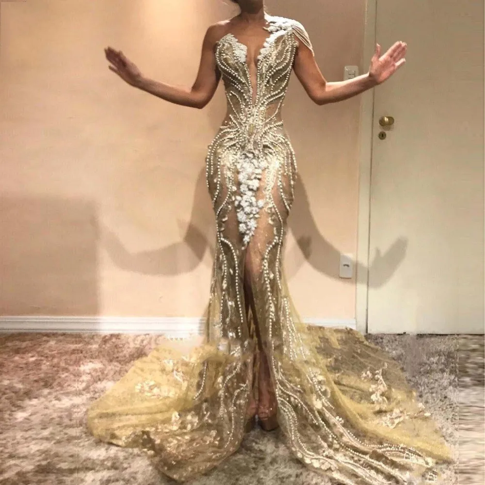 Иллюзия Русалка Вечерние платья с Воротник Sheer Jewel Major Бисероплетение Жемчуг спереди Сплит платье для выпускного вечера Прозрачные коктейльные платья - Цвет: same as image