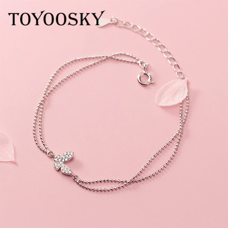 

Charm Light Beads Chain Bracelet Solid 925 Sterling Silver Sparkling Zircon Butterfly Bracelet Two Layers Women Friendship