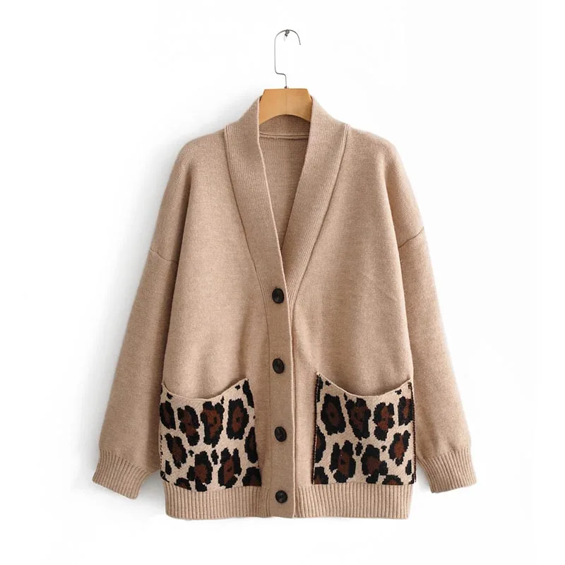 

MY918 European Design V Neck Leopard Print Double Pockets Deco Mid-long Cardigan Elegant Stylish Cardigans Knitted Sweater