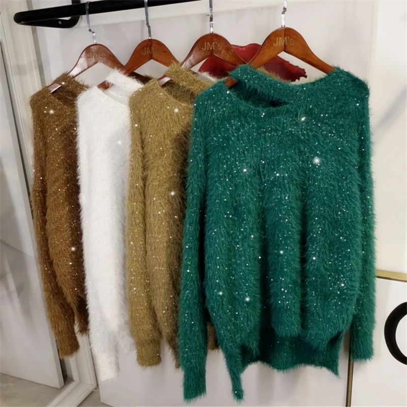 

Women Pullovers Sweater Sequins Loose Fashion Knitting Spring Autumn Long Sleeves Shining Tops Street Outerwear Casual Jumper