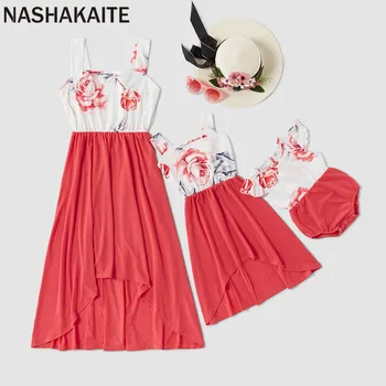 

NASHAKAITE Mother daughter dresses Summer Floral Print Irregular Length Matching Dress Baby Girl Rompers Mommy and me clothes