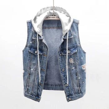 

2020 New Denim Vest Women Fashion Diamond Hooded Jeans Vest Women Spring Korean Casual Sleeveless Jacket Short Waistcoat G274