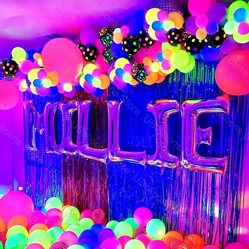 conjunto neon balões de aniversário arco uv brilhante blacklight látex globos neon balões guirlanda para festa de aniversário decoração suprimentos