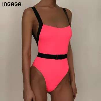 

INGAGA 2020 New Swimwear Women High Cut One Piece Swimsuit Solid Bodysuit Sexy Backless Bathers Fashion Belt Bathing Suit Women