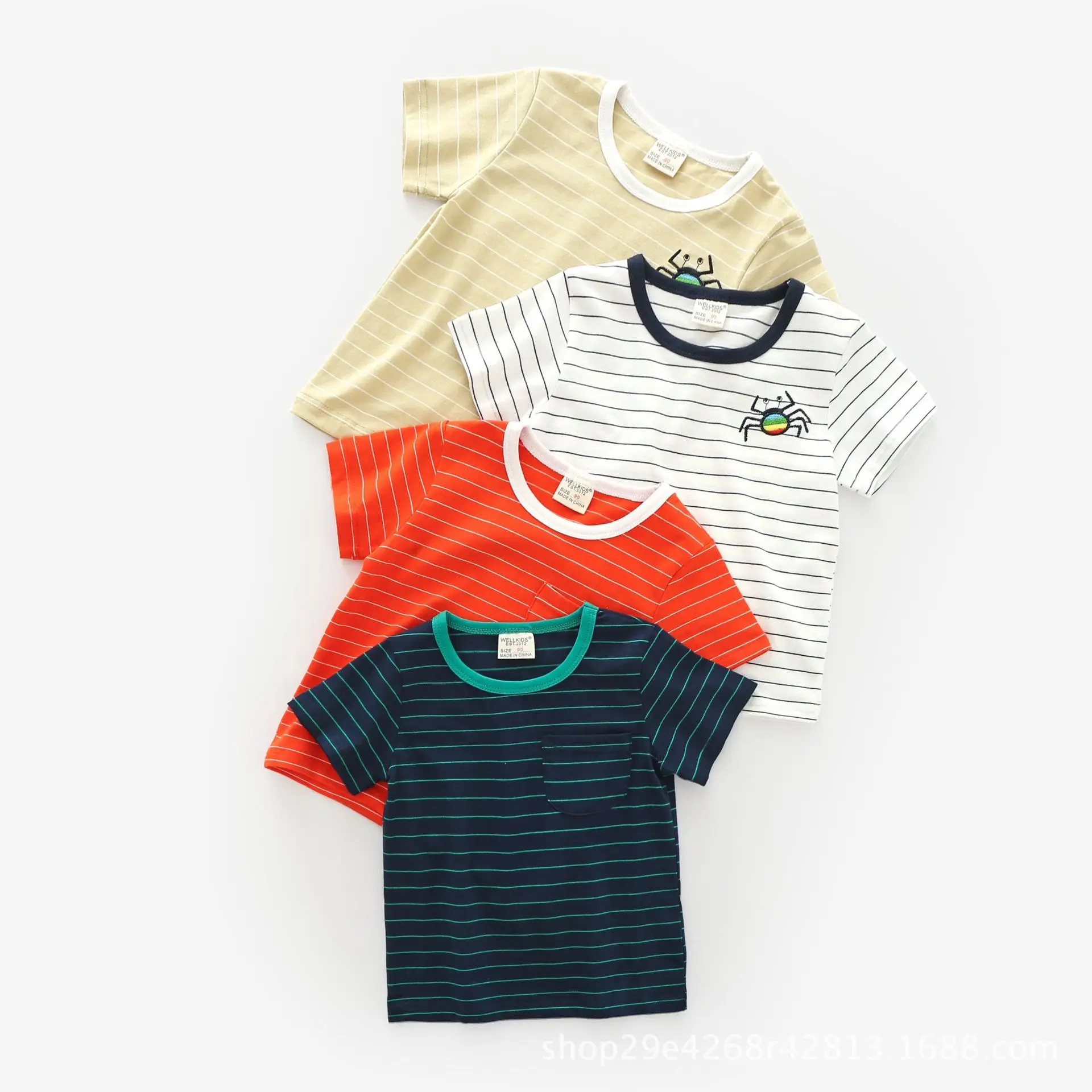 Детская одежда для мальчиков; коллекция года; летняя Базовая рубашка в полоску с вышивкой для мальчиков; повседневные топы; детская футболка с короткими рукавами