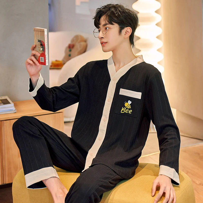 Autumn Men Long Sleeved Pajamas Set Cotton Spring Sleep Clothing Male Nighty Lounge Full Length V Neck Casual Fashion Simple Sle