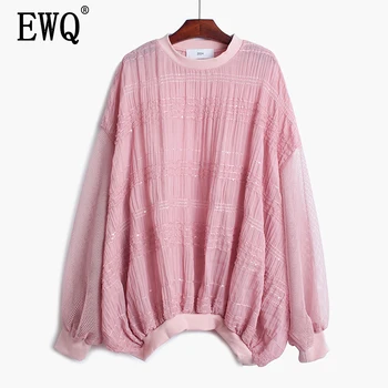 

[EWQ] 2020 Spring Summer New Pattern Round Batwing Sleeve Solid Patchwork Hollow Out Pullovers Casual Shirt Women AK60611