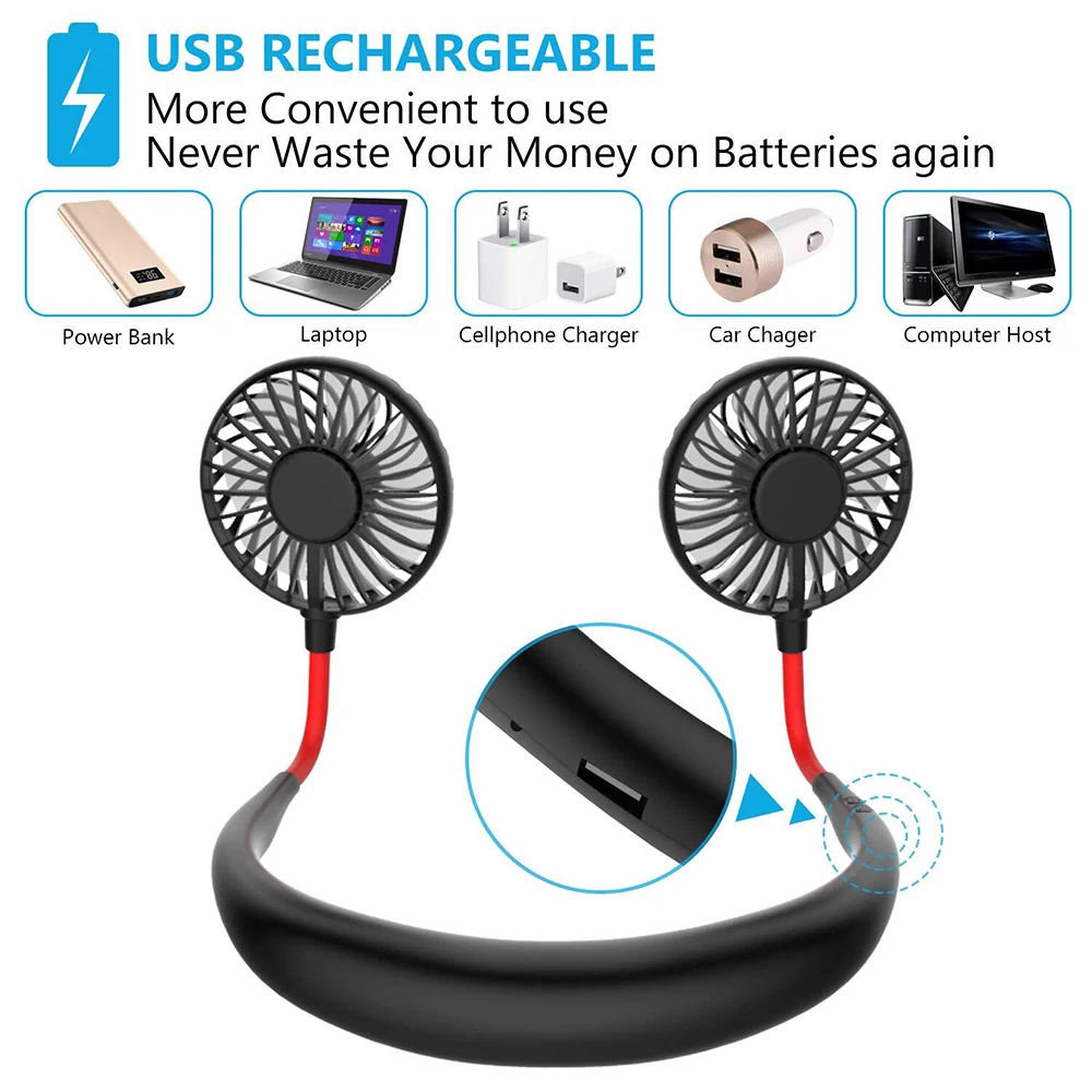 Neck Band USB Fan Portable 360 Degree Adjustable 3 Modes Wind Mini USB Fan Hanging Air USB Cooler Fan For Sports(No LED light)