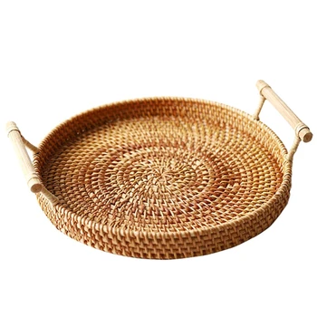 

Rattan Storage Tray, Round Basket with Handle, Hand-Woven, Rattan Tray Wicker Basket Bread Fruit Food Breakfast Display L