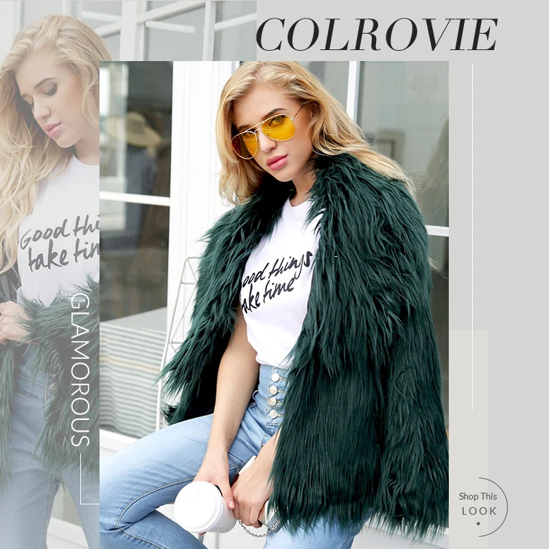 COLROVIE/однотонная верхняя одежда из искусственного меха; женские зеленые Элегантные Осенние пальто с открытым передом; модное пальто с воротником-водопадом; зимняя верхняя одежда