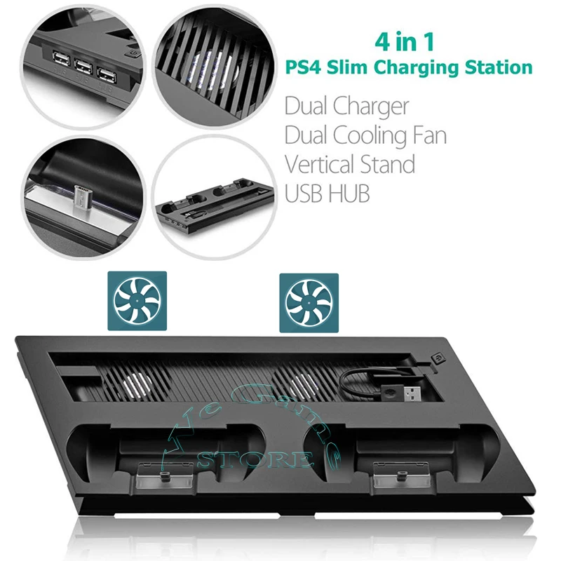  PS4 Slim Console Vertical Stand Support with Cooler Cooling Fan Gamepad Charger Dock for Sony Plays