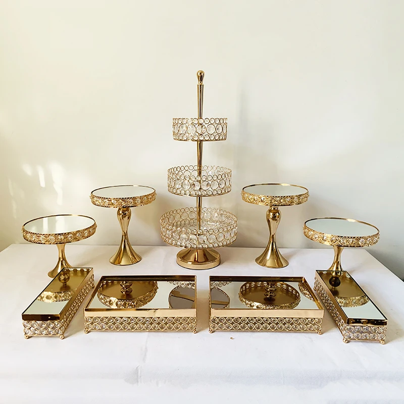 Rectangular Mirror-Top Cake Stand Risers Dessert Tray Set(Gold) 3 tiers cupcake stand - Цвет: 9pcs in set