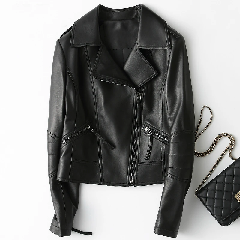 

Leather Genuine Jacket Motorcycles Women Short Spring Autumn Womens Sheepskin Coat Real Leather chaqueta mujer ZJZ007 s