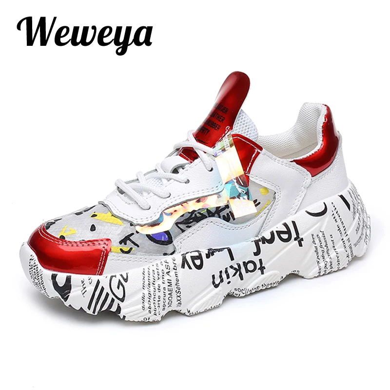 Weweya/шикарная обувь на платформе с блестками; женские не сужающиеся книзу кроссовки; Женская Осенняя дышащая обувь высокого качества с бумажным граффити; разноцветная подошва
