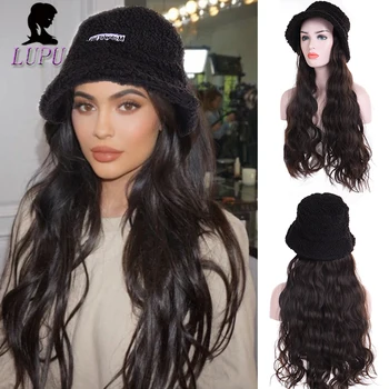 

LUPU Long Wavy Synthetic Wigs Connection Hat High Temperture Fiber Black Brown Hair Wigs For White/Black Women