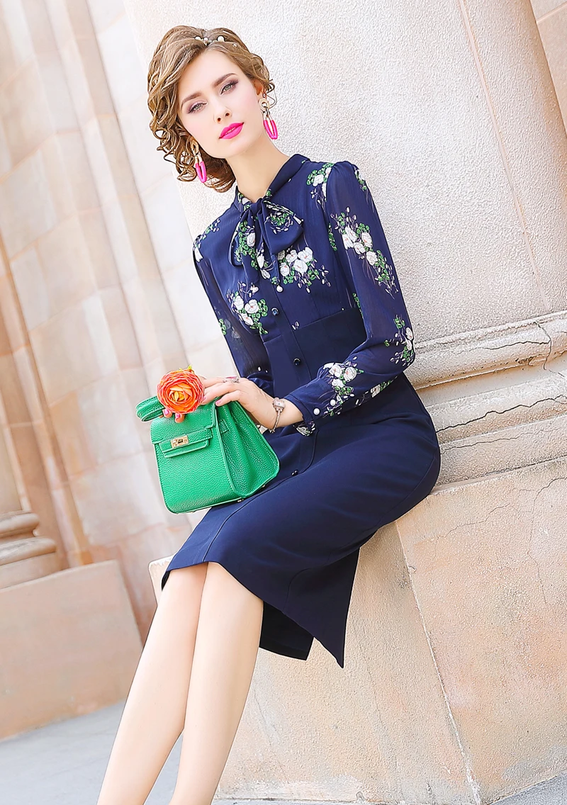 Elegant Floral Knee-length Office Dress