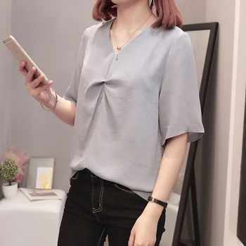 

COIGARSAM 4XL Plus Size Short Sleeve blouse women Summer Loose Chiffon Solid blusas womens tops and blouses Khaki Blue 2097