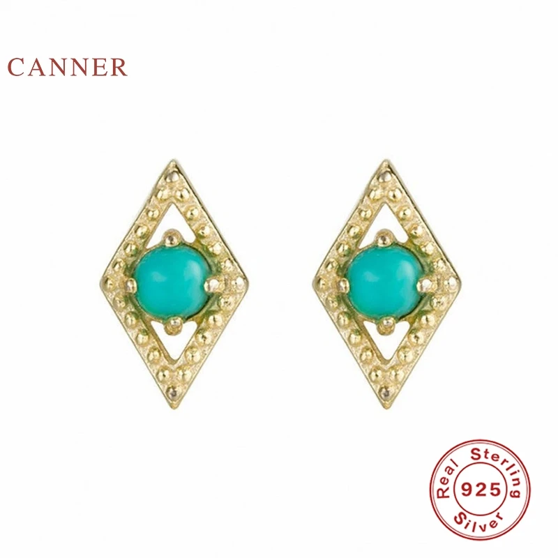 

CANNER Diamond Inlaid Turquoise Simplicity Stud Earrings 100% 925 Sterling Silver Zircon Earrings For Women Jewelry Pendientes