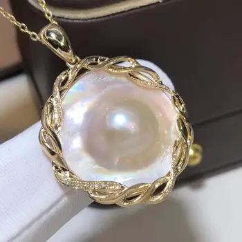 

D423 Pearl Pendant Fine Jewelry Solid 18K Gold Diamonds Nature 23mm Australia Sea Water Pinkish Mabe Pendant Necklace for Women