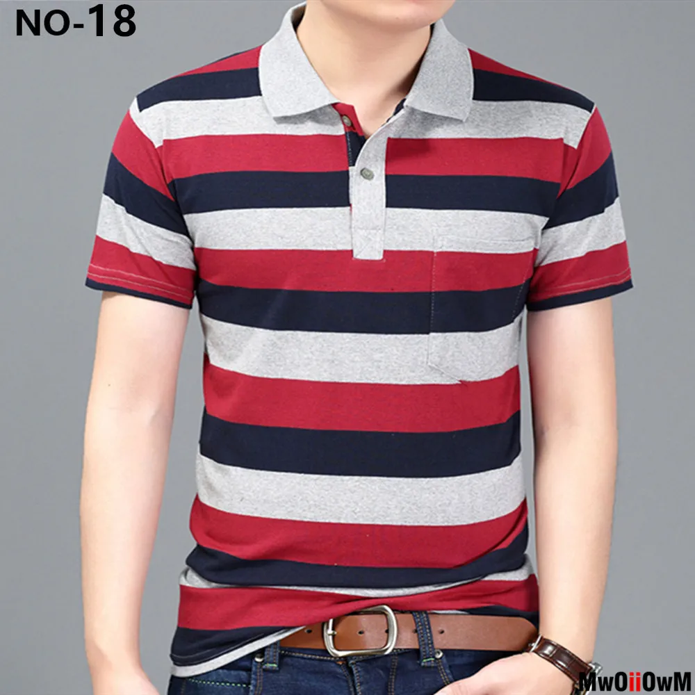 MwOiiOwM Новая летняя стильная полосатая Повседневная мужская футболка с коротким рукавом, высокое качество, полиэстер, мужские футболки с отложным воротником - Цвет: NO 18