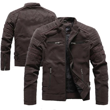 Winter Motorcycle PU Leather Jacket Men 2022 Vintage Fleece Warm Multi-pocket Leather Coat Male Zipper Autumn Outwear Jackets 1