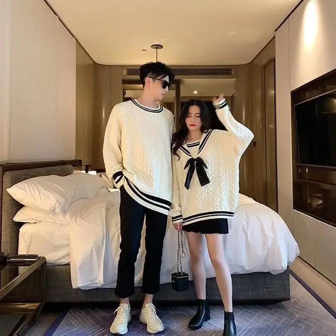 Preppy Style Couple Sweater Fashion Knitted Pullover For Men Women Lolita Girl Sweet Navy Collar Sweaters Harajuku Casual Jumper green sweater