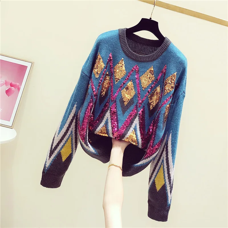 Осенний и зимний свитер для женщин, корейский тяжелый промышленный Алмазный Блестящий цветной свитер, Свободный Вязаный топ, джемпер для женщин