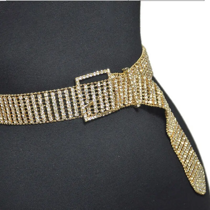 NEW Women Bling Crystal Diamond Waist Belt Wide Chain Full Metal Waistband