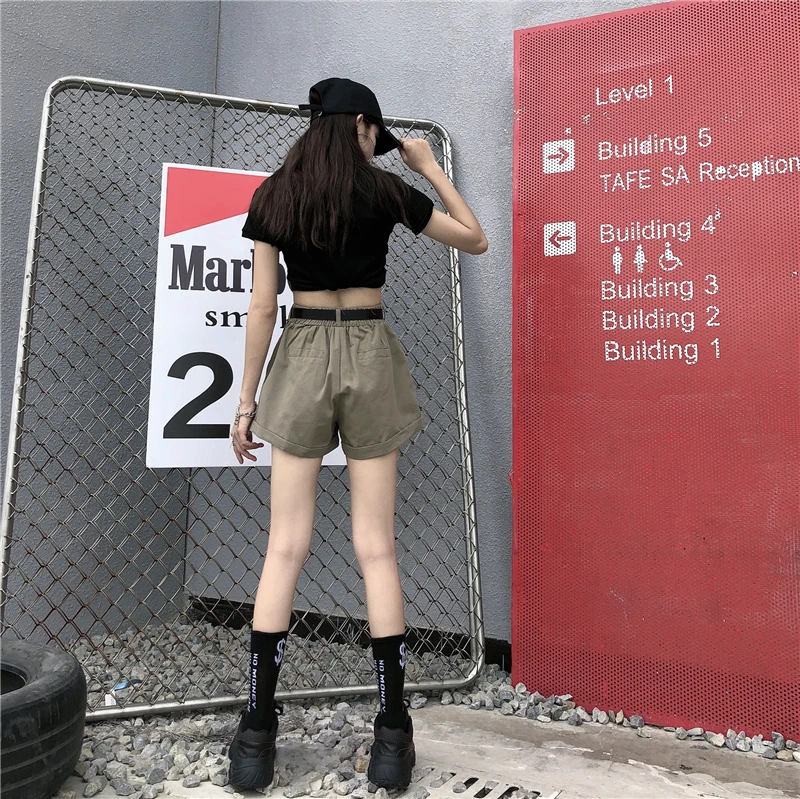 Высокая талия панк хип хоп корейский уличная Harajuku спортивный костюм карго Пряжка ремень мини сумка карман сексуальная широкая короткая женская летняя девушка