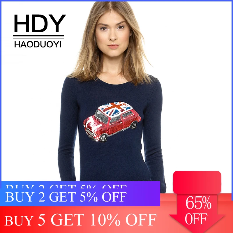 HDY Haoduoyi Apparel Navy Blue Car Embroidery Sequined Fashion Sweater O-neck Full Sleeve Lady Tops Slim Casual Female Pullovers | Женская