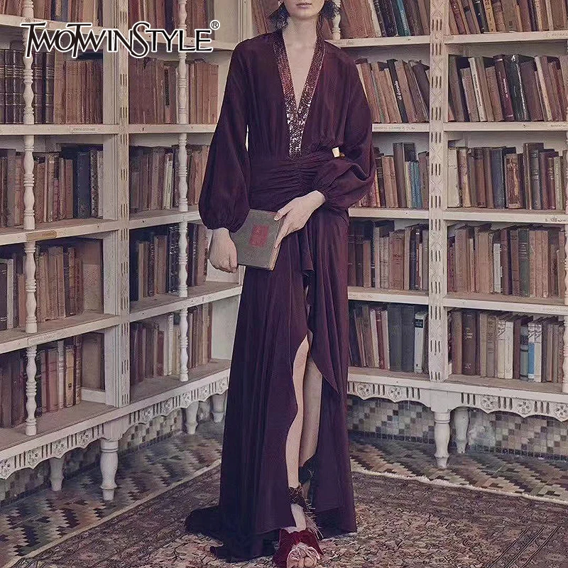 TWOTWINSTYLE Сексуальное Лоскутное Платье С Блестками женское V образным вырезом Фонарь с длинным рукавом высокая Талия Ruched Сплит асимметричный подол платья для женщин