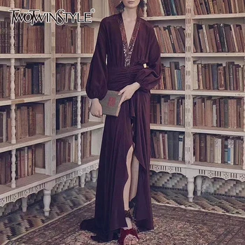 

TWOTWINSTYLE Sexy Patchwork Sequined Dress Female V Neck Lantern Long Sleeve High Waist Ruched Split Irregular Hem Dresses Women
