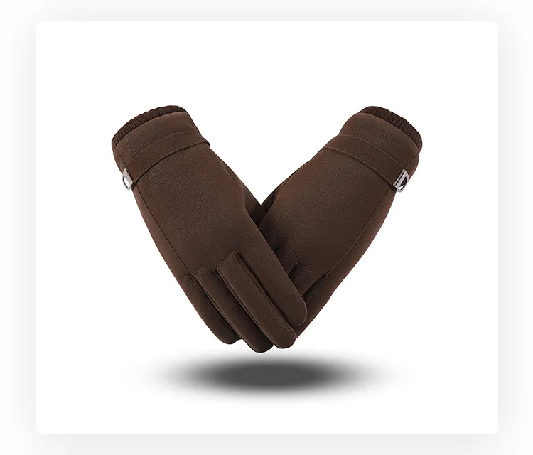 Winter New Men's Breathing Leather Plush Thickened Touch Screen Warm Gloves Simple Pure Color Riding Wind-proof and Waterproof