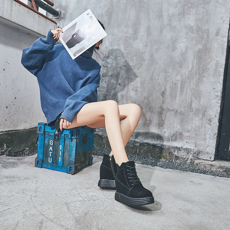 

SWONCO Suede Leather Ankle Shoes Women Wedges Sneakers On Platform Winter 2019 Female Csual Shoes Black Snow Boots Fur Snowboots