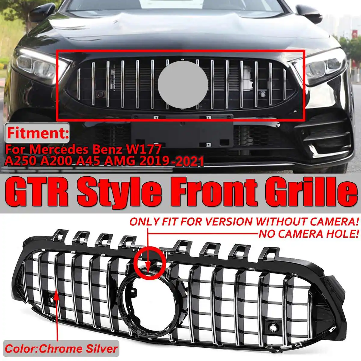 

2019 W177 решетка хромированная Серебряная GTR стиль автомобильный передний бампер решетка для Mercedes Benz W177 A250 A200 A45 Для AMG 2019