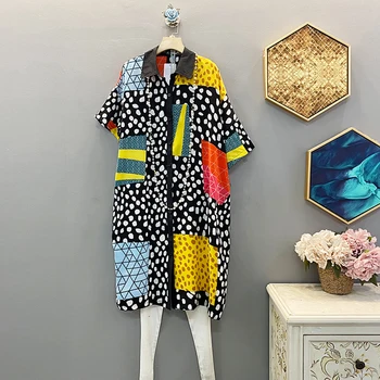 

[EWQ] 2020 Spring Summer New Arrivals Stand Collar Short Sleeve Print Pattern Women Long Casual Fashion Loose Shirt AW24801