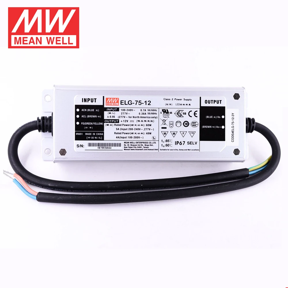MEAN WELL ELG 75 Series DC12V 24V 36V 42V 48V 75W IP67 Водонепроницаемый переключаемый источник питания
