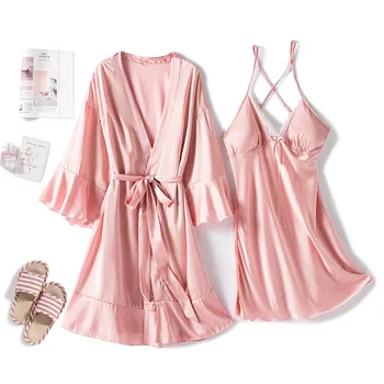

Casual Pink Mini 2PCS Nightdress Women Homewear Solid Nighty&robe Set Kimono Gown Bride Bridesmaid Wedding Robe Sexy Blackless