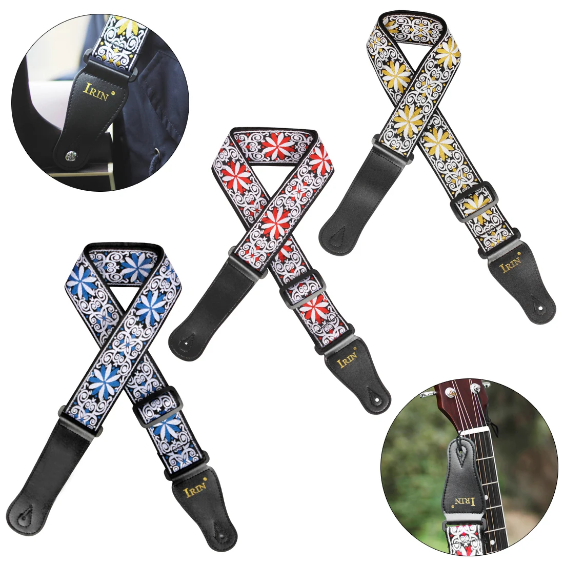 Durable Vintage Flowers Stripes Bohemia Style Guitar Strap with Woven