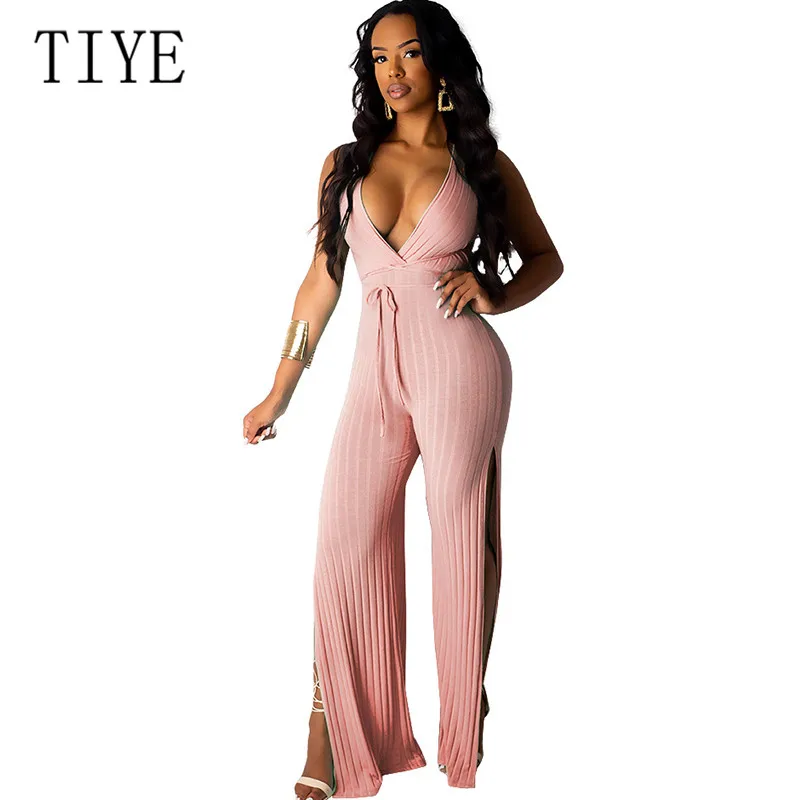 

TIYE Women Sexy Open Back V-neck Straps Split Wide-leg Pants Loose Personality Jumpsuits Elegant Sleeveless Playsuits Overalls
