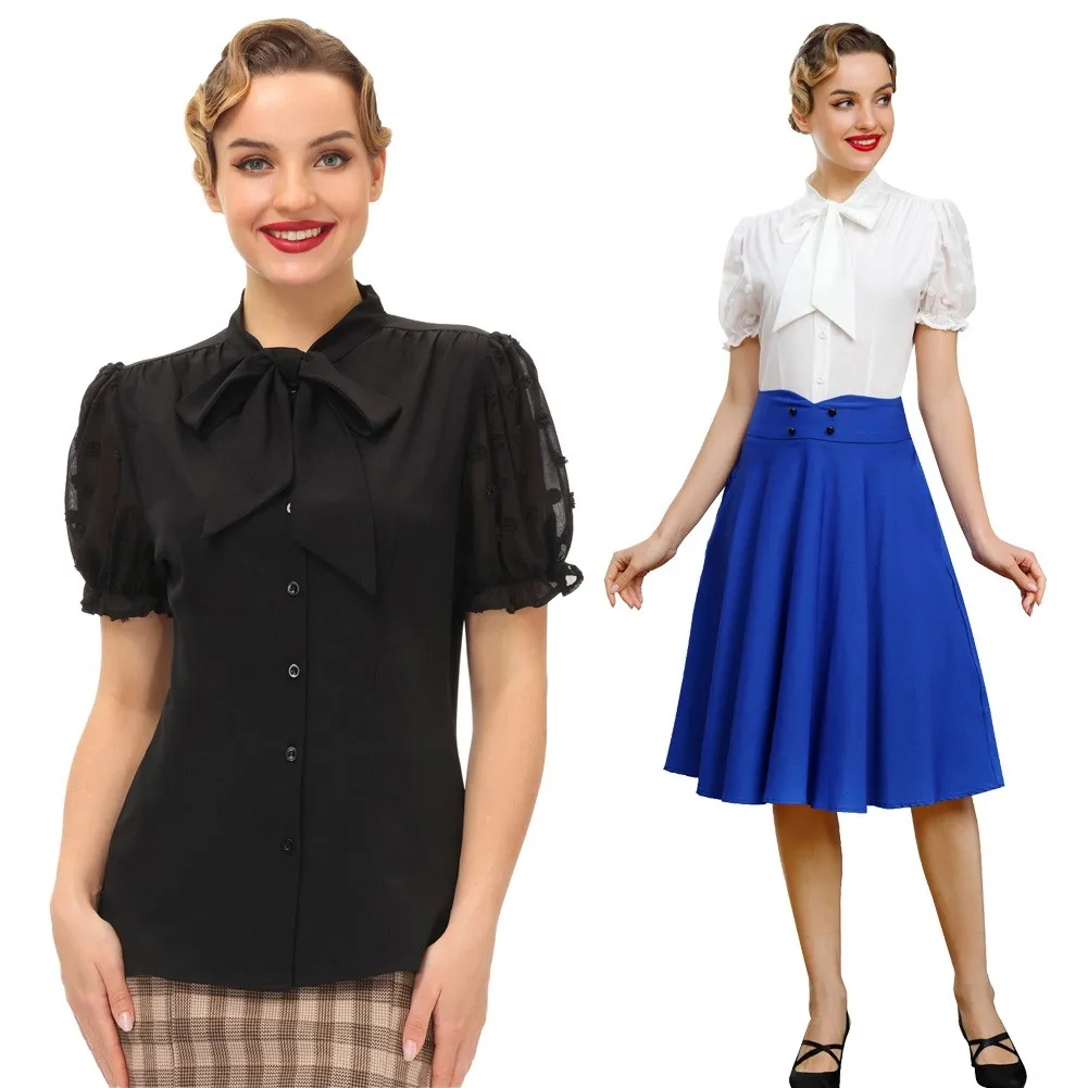 Belle Poque Summer Short Sleeve Blouse Office Lady Button Down Shirt Tops With Bow Tie 1950s Elegant Business Puffy Sleeve Shirt