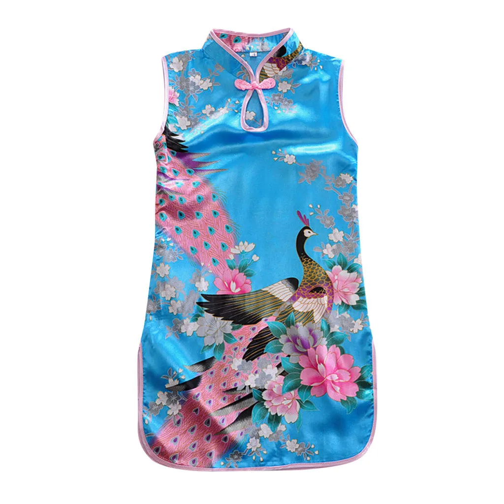 Chinese Qipao Floral Peacock Cheongsam Dress Floral Dress Elegant Toddler Baby Girls Children Clothes Formal Outfits 2-10T #B