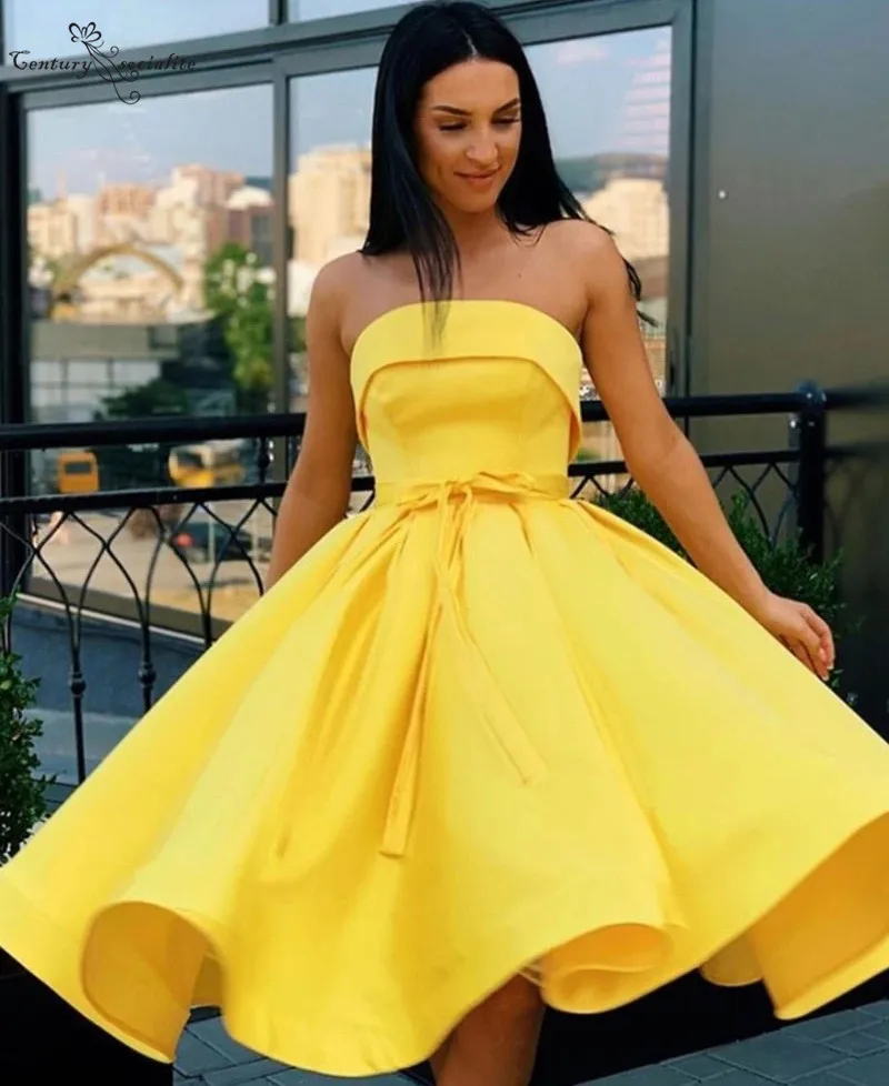 pagar Arábica Ballena barba Vestidos amarillos para fiesta de graduación, vestido de satén, sin  tirantes, corto hasta la rodilla, para graduación, barato - AliExpress  Bodas y eventos