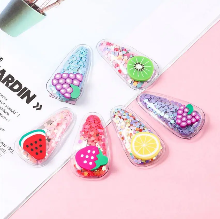 6 цветов Новые заколки для девочек цветные Quicksand Hairgrips прозрачные детские шпильки с изображениями фруктов ПВХ боковой зажим BB зажим заколки