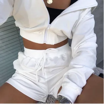 

2020 New 2Pcs Summer Women Sports Suit Crop Tops Short Hoodie High Waist Shorts tracksuit Women Sportswear Set 4 Colors