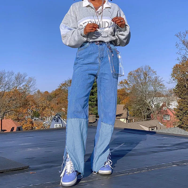 

Streetwear High Waist Denim Pants Women Split Hem Colorblock Patchwork Jeans Women Casual Straight Pants Fashion Long Trousers